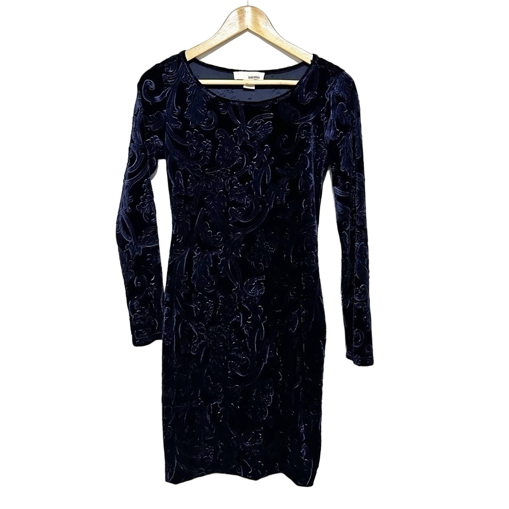 SANS SOUCI Navy Long Sleeve Velvet Floral Print Bodycon Midi Dress Size M